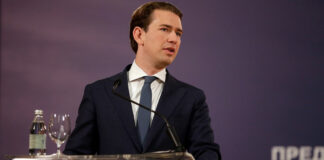 Austrian Chancellor Sebastian Kurz talks during the press conference with Serbian President Aleksandar Vucic (not pictured) after their meeting in Belgrade, Serbia, 04 September 2021. Chancellor Kurz is on an official visit to Serbia. EPA-EFE/ANDREJ CUKIC